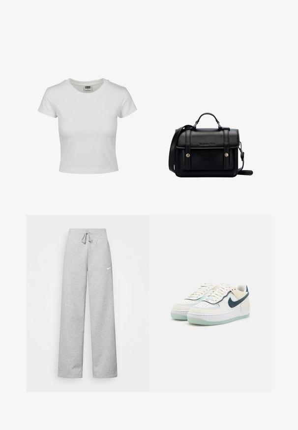 Bjela pamučna majica s klasičnim okruglim izrezom, kratkim rukavima i prilagođenim oblikom. Nema vidljivih uzoraka ili akcenta.; Sive trenirke s elastičnim pojasom, detaljem za vezanje, i malim bijelim Nike logom na lijevom bedru. Mekana tkanina, širokog kroja.; Bijela tenisica s glatkom kožnom gornjištu, svijetlop Plavim naglascima, perforiranim prednjim dijelom i prozirnim mint zelenim potplatom. Ima istaknuti tamnoplavi swoosh.; Crna kožna torba preko tijela sa strukturiranim dizajnom, gornjom ručkom, podesivim remenom, prednjim poklopcem i metalnim detaljima. Sadrži brendiranje sprijeda.