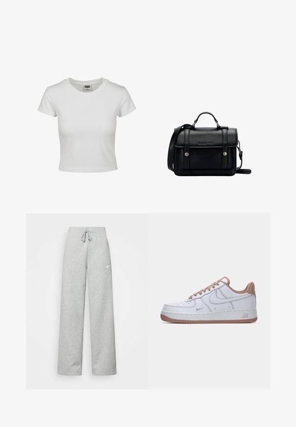 Bílý bavlněný tričko s klasickým kulatým výstřihem, krátkými rukávy a přiléhavým střihem. Žádné vzory ani akcenty nejsou viditelné.; Šedé tepláky s elastickým pasem, detaily se šňůrkou a malým bílým logem Nike na levém stehně. Měkká tkanina, volný střih.; Bílé kožené tenisky s hladkým povrchem, béžovými akcenty, nízkým designem a gumovou podrážkou s drážkami pro lepší přilnavost.; Černá kožená kabelka přes rameno se strukturovaným designem, vrchní rukojetí, nastavitelným popruhem, přední klopou a kovovými akcenty. Na přední straně obsahuje logo.