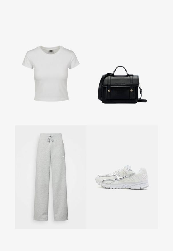Bjela pamučna majica s klasičnim okruglim izrezom, kratkim rukavima i prilagođenim oblikom. Nema vidljivih uzoraka ili akcenta.; Sive trenirke s elastičnim pojasom, detaljem za vezanje, i malim bijelim Nike logom na lijevom bedru. Mekana tkanina, širokog kroja.; Bijele atletske cipele sa srebrnim naglascima, mrežastim gornjim dijelom, teksturiranim stranama, amortizirajućim đonom i prepoznatljivim uzorkom na stražnjem dijelu.; Crna kožna torba preko tijela sa strukturiranim dizajnom, gornjom ručkom, podesivim remenom, prednjim poklopcem i metalnim detaljima. Sadrži brendiranje sprijeda.