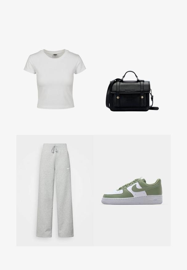 Vit bomullströja med klassisk rund hals, korta ärmar och en åtsittande passform. Inga mönster eller detaljer synliga.; Grå sweatpants med resårmidja, snörningsdetalj och en liten vit Nike-logotyp på vänster lår. Mjukt tyg, lös passform.; Nike Air Force 1-sneakers i grönt och vitt läder. Låg toppdesign, rund tå, texturerad gummisula och framträdande swoosh-logotyp.; Svart läder tvärs över kroppen väska med en strukturerad design, handtag i toppen, justerbar rem, framflik och metallaccenter. Har varumärke på framsidan.