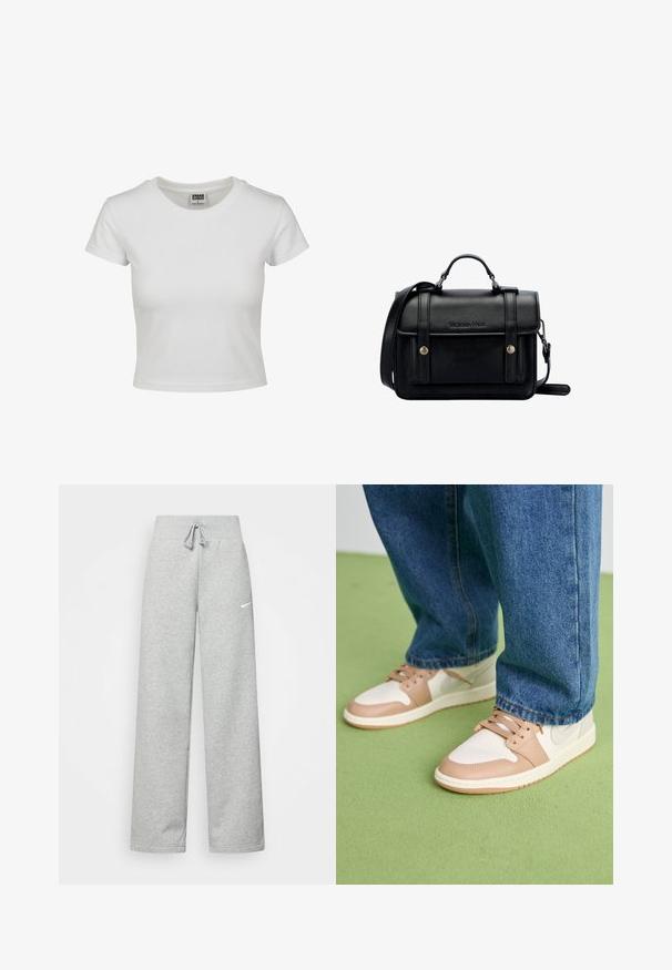 Bjela pamučna majica s klasičnim okruglim izrezom, kratkim rukavima i prilagođenim oblikom. Nema vidljivih uzoraka ili akcenta.; Sive trenirke s elastičnim pojasom, detaljem za vezanje, i malim bijelim Nike logom na lijevom bedru. Mekana tkanina, širokog kroja.; Bijele i bež kožne tenisice s zaobljenim vrhovima, perforiranim prednjim dijelom i bež akcentima. Nošene uz plave traper hlače na zelenoj površini.; Crna kožna torba preko tijela sa strukturiranim dizajnom, gornjom ručkom, podesivim remenom, prednjim poklopcem i metalnim detaljima. Sadrži brendiranje sprijeda.