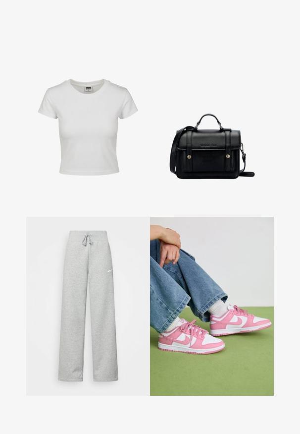 Bjela pamučna majica s klasičnim okruglim izrezom, kratkim rukavima i prilagođenim oblikom. Nema vidljivih uzoraka ili akcenta.; Sive trenirke s elastičnim pojasom, detaljem za vezanje, i malim bijelim Nike logom na lijevom bedru. Mekana tkanina, širokog kroja.; Roze i bijele Nike tenisice izrađene od kože i mreže, s kontrastnim dizajnom, okruglim vrhom, te usklađenim rozim vezicama i detaljima.; Crna kožna torba preko tijela sa strukturiranim dizajnom, gornjom ručkom, podesivim remenom, prednjim poklopcem i metalnim detaljima. Sadrži brendiranje sprijeda.