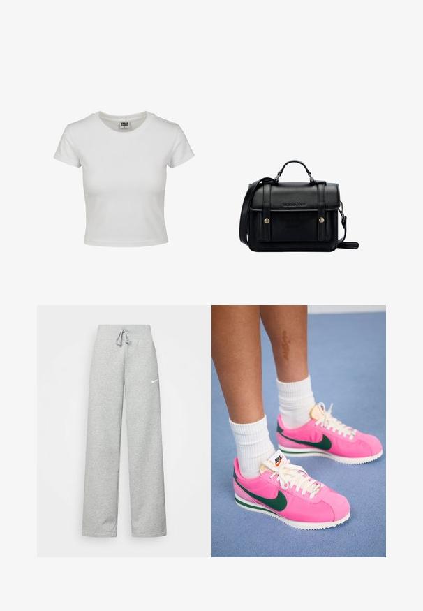 Biała bawełniana koszulka z klasycznym okrągłym dekoltem, krótkimi rękawami i dopasowanym krojem. Brak widocznych wzorów lub akcentów.; Szare dresy z elastycznym pasem, szczegóły ze sznurkiem i małym białym logo Nike na lewej udzie. Miękka tkanina, luźny krój.; Trampki Nike w kolorze różowym z zielonymi akcentami, wykonane z gładkiego materiału, z białymi sznurowadłami i teksturowaną podeszwą. Białe skarpetki widoczne nad kostką.; Czarna skórzana torebka na ramię o wyraźnej strukturze, z górnym uchwytem, regulowanym paskiem, przednią klapą i metalowymi akcentami. Posiada logo na przodzie.
