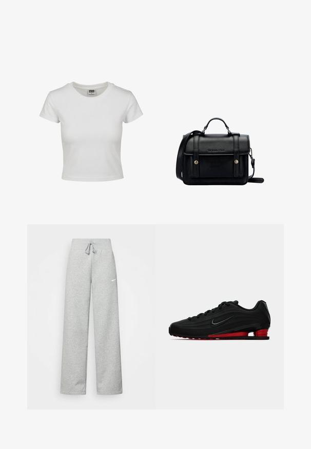 White cotton t-shirt with a classic crew neck, short sleeves, and a fitted shape. No patterns or accents visible.; Gray sweatpants with an elastic waistband, drawstring detail, and a small white Nike logo on the left thigh. Soft fabric, loose fitting.; Black Nike running shoe with red cushioning sole and black swoosh logo, shown in side profile on a white background.; Black leather crossbody bag with a structured design, top handle, adjustable strap, front flap, and metal accents. Features branding on the front.