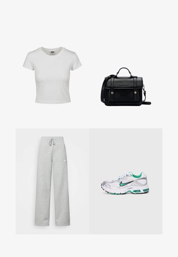 Vit bomullströja med klassisk rund hals, korta ärmar och en åtsittande passform. Inga mönster eller detaljer synliga.; Grå sweatpants med resårmidja, snörningsdetalj och en liten vit Nike-logotyp på vänster lår. Mjukt tyg, lös passform.; Nike löparsko i vitt, silver och grönt. Har nät- och syntetmaterial, vadderad krage och dämpad sula med synliga luftkammare.; Svart läder tvärs över kroppen väska med en strukturerad design, handtag i toppen, justerbar rem, framflik och metallaccenter. Har varumärke på framsidan.