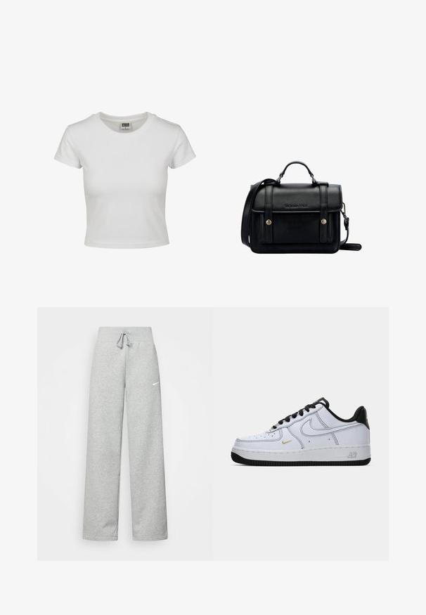 Bjela pamučna majica s klasičnim okruglim izrezom, kratkim rukavima i prilagođenim oblikom. Nema vidljivih uzoraka ili akcenta.; Sive trenirke s elastičnim pojasom, detaljem za vezanje, i malim bijelim Nike logom na lijevom bedru. Mekana tkanina, širokog kroja.; Bijele niske Nike Air Force 1 tenisice s crnim đonom, crnim vezicama, crnim petom i malim zlatnim swooshom sa strane.; Crna kožna torba preko tijela sa strukturiranim dizajnom, gornjom ručkom, podesivim remenom, prednjim poklopcem i metalnim detaljima. Sadrži brendiranje sprijeda.