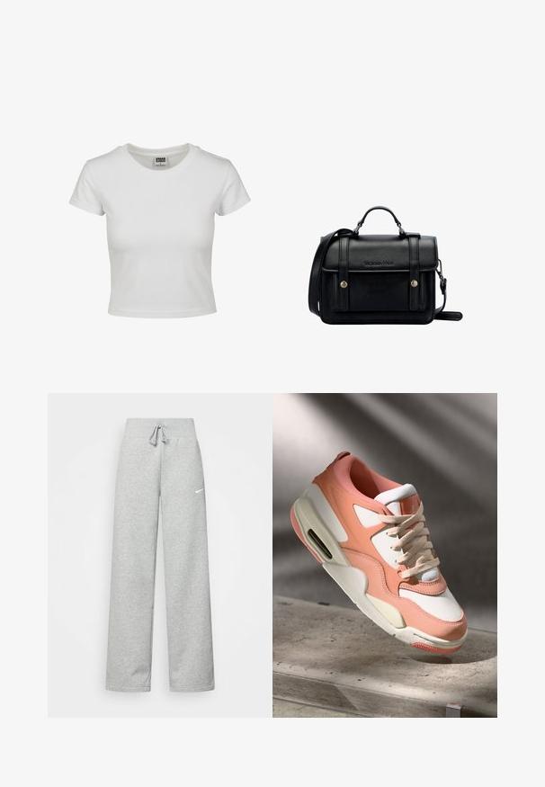 Bjela pamučna majica s klasičnim okruglim izrezom, kratkim rukavima i prilagođenim oblikom. Nema vidljivih uzoraka ili akcenta.; Sive trenirke s elastičnim pojasom, detaljem za vezanje, i malim bijelim Nike logom na lijevom bedru. Mekana tkanina, širokog kroja.; Tenisice sa mekim ružičastim i bijelim gornjim dijelom, teksturiranom nubuk panelom, podstavljenim ovratnikom i vidljivom zračnom jedinicom u peti. Krem-bijela potplat.; Crna kožna torba preko tijela sa strukturiranim dizajnom, gornjom ručkom, podesivim remenom, prednjim poklopcem i metalnim detaljima. Sadrži brendiranje sprijeda.