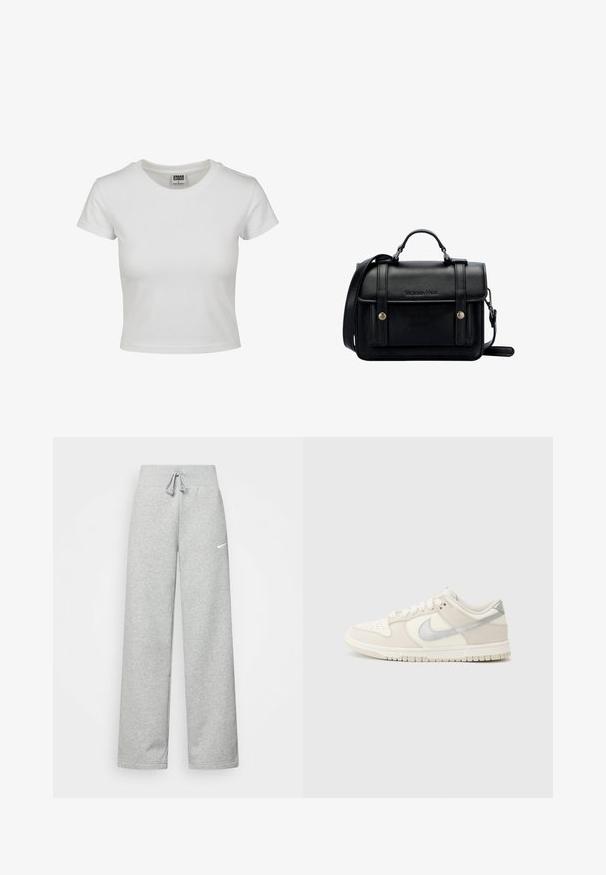 T-shirt bianca in cotone con collo rotondo classico, maniche corte e forma aderente. Nessun motivo o dettaglio visibile.; Pantaloni tuta grigi con vita elastica, dettaglio con cordino e piccolo logo Nike bianco sulla coscia sinistra. Tessuto morbido, vestibilità ampia.; Sneaker low-top in pelle e suede bianco sporco, con logo Swoosh argento, punta perforata e suola in gomma testurizzata.; Borsa a tracolla in pelle nera con design strutturato, manico superiore, tracolla regolabile, patta anteriore e accessori in metallo. Presenta il marchio sulla parte frontale.