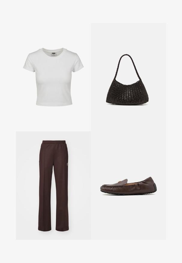 Balta medvilnės marškinėliai su klasikiniais apykakle, trumpomis rankovėmis ir prigludusia forma. Nėra matomų raštų ar akcentų.; Rudos sportiniai keliai su elastinga juosta, dviem šoninėmis kišenėmis ir maža logo kairėje pusėje, pagaminti iš minkštos medžiagos.; COACH RONNIE LOAFER - Mokasinai - maple; DRAGON DIFFUSION ROSANNA - Rankinė - dark brown