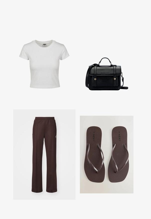 T-shirt bianca in cotone con collo rotondo classico, maniche corte e forma aderente. Nessun motivo o dettaglio visibile.; Pantaloni sportivi marroni con elastico in vita, due tasche laterali e un piccolo logo sul lato sinistro, realizzati in un tessuto morbido.; Next SQUARE TOE - Infradito da bagno - chocolate brown; Borsa a tracolla in pelle nera con design strutturato, manico superiore, tracolla regolabile, patta anteriore e accessori in metallo. Presenta il marchio sulla parte frontale.