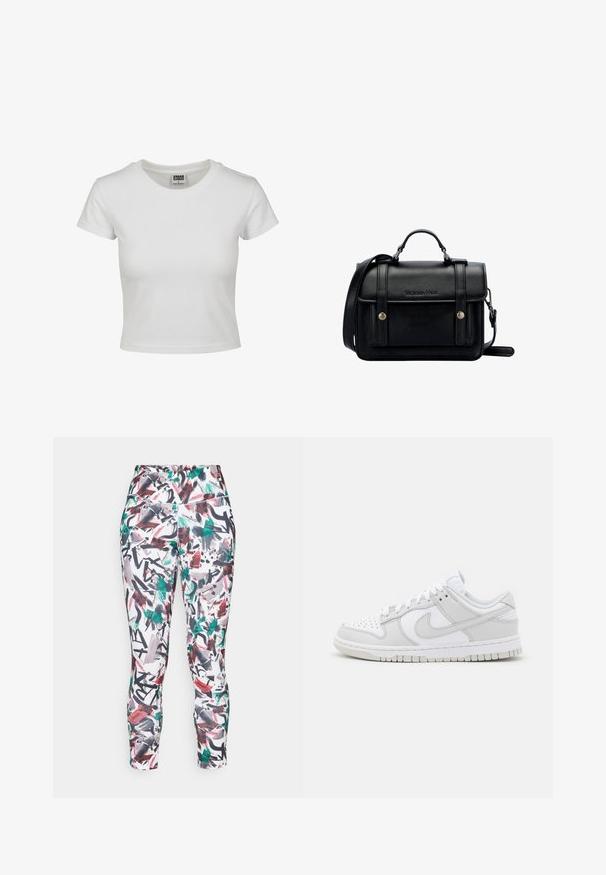 Witte katoenen t-shirt met een klassieke ronde hals, korte mouwen en een getailleerde vorm. Geen patronen of accenten zichtbaar.; Strakke leggings met een kleurrijk abstract patroon in rood, groen en zwart op een witte basis. Gemaakt van rekbaar materiaal.; Witte leren sneakers met grijze accenten, geperforeerde teen, platte veters, gevoerde kraag en een gemanipuleerde rubberen zool.; Zwarte leren schoudertas met een gestructureerd ontwerp, handvat bovenaan, verstelbare schouderband, voorklep en metalen accenten. Voorzien van branding aan de voorkant.