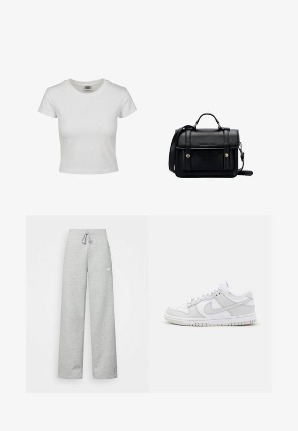 T-shirt en coton blanc avec un col rond classique, des manches courtes et une coupe ajustée. Aucun motif ni accent visible.; Pantalon de survêtement gris avec une taille élastique, un détail de cordon de serrage et un petit logo Nike blanc sur la cuisse gauche. Tissu doux, coupe ample.; Baskets en cuir blanc avec des accents gris, bout perforé, lacets plats, col rembourré et semelle en caoutchouc texturée.; Sacoche en cuir noir avec un design structuré, une poignée supérieure, une sangle réglable, un rabat avant et des accents en métal. Présente un logo à l'avant.