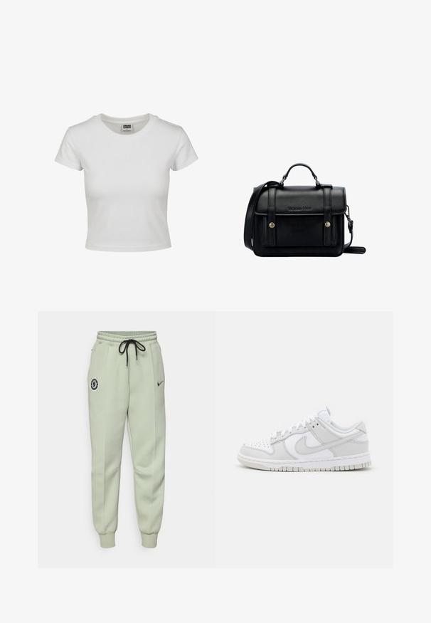 White cotton t-shirt with a classic crew neck, short sleeves, and a fitted shape. No patterns or accents visible.; Light green Nike sweatpants with elastic waistband, drawstring, side pockets, and a Chelsea FC logo on the left thigh.; White leather sneakers with grey accents, perforated toe, flat laces, cushioned collar, and a textured rubber sole.; Black leather crossbody bag with a structured design, top handle, adjustable strap, front flap, and metal accents. Features branding on the front.