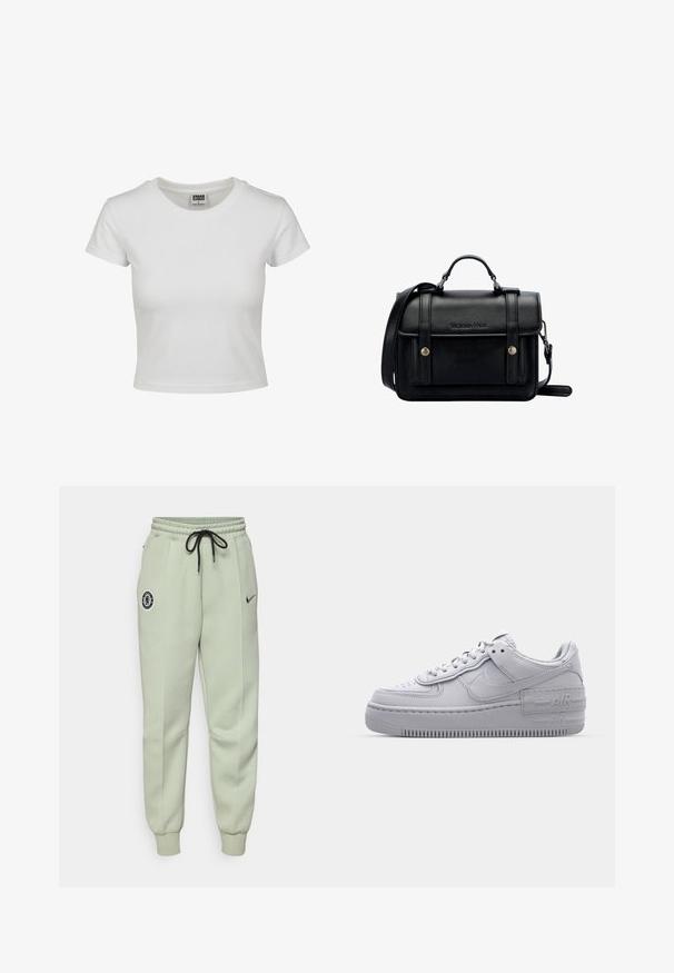 White cotton t-shirt with a classic crew neck, short sleeves, and a fitted shape. No patterns or accents visible.; Light green Nike sweatpants with elastic waistband, drawstring, side pockets, and a Chelsea FC logo on the left thigh.; Gray Nike Air Force 1 sneaker with perforated toe, smooth leather upper, thick sole, and embossed 'AIR' detail on the heel.; Black leather crossbody bag with a structured design, top handle, adjustable strap, front flap, and metal accents. Features branding on the front.