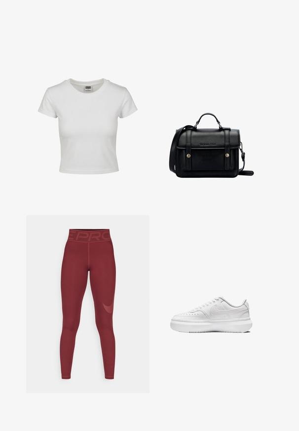 T-shirt bianca in cotone con collo rotondo classico, maniche corte e forma aderente. Nessun motivo o dettaglio visibile.; Leggings bordeaux con vita alta e il marchio "PRO". Realizzati in materiale elasticizzato, presentano una texture liscia e un logo discreto sul lato.; Sneakers bianche con una tomaia in pelle liscia, punta rotonda, dettagli perforati e suola in gomma bianca spessa. Presenta il logo sul lato e lacci piatti.; Borsa a tracolla in pelle nera con design strutturato, manico superiore, tracolla regolabile, patta anteriore e accessori in metallo. Presenta il marchio sulla parte frontale.