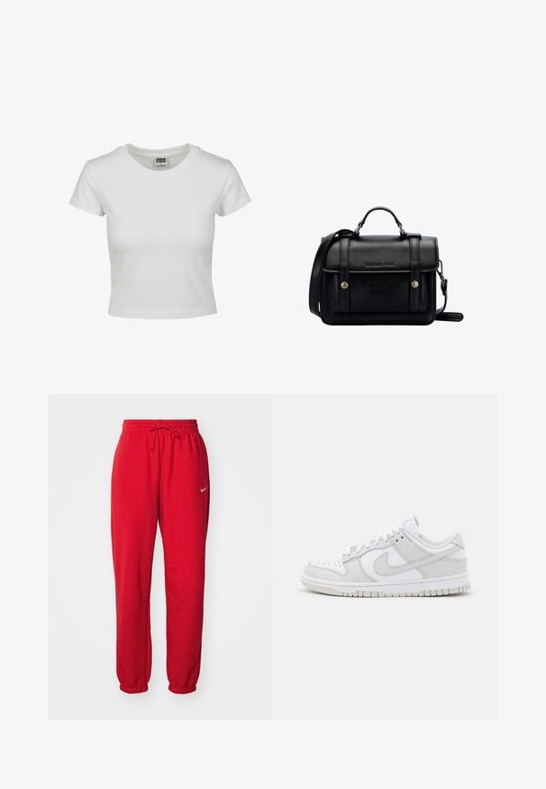 Vit bomullströja med klassisk rund hals, korta ärmar och en åtsittande passform. Inga mönster eller detaljer synliga.; Röda Nike mjukisbyxor med elastiskt midjeband, snörning och muddar vid fållarna. Enkla designen har en liten vit Nike-logotyp. Slät bomullstextur.; Vita läder sneakers med grå accenter, perforerad tå, platta snören, vadderad krage och en texturerad gummisula.; Svart läder tvärs över kroppen väska med en strukturerad design, handtag i toppen, justerbar rem, framflik och metallaccenter. Har varumärke på framsidan.