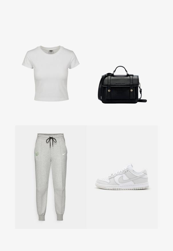 White cotton t-shirt with a classic crew neck, short sleeves, and a fitted shape. No patterns or accents visible.; Light grey sweatpants with black drawstring, elastic cuffs, FC Barcelona logo on left thigh, and neon Nike swoosh on right thigh.; White leather sneakers with grey accents, perforated toe, flat laces, cushioned collar, and a textured rubber sole.; Black leather crossbody bag with a structured design, top handle, adjustable strap, front flap, and metal accents. Features branding on the front.