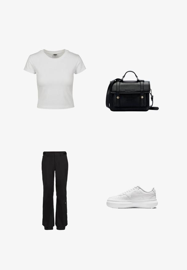 White cotton t-shirt with a classic crew neck, short sleeves, and a fitted shape. No patterns or accents visible.; Black snow pants featuring a straight cut, adjustable waist, reinforced cuffs, and subtle branding detail on the left leg.; White sneakers with a smooth leather upper, round toe, perforated details, and thick white rubber sole. Features logo on the side and flat laces.; Black leather crossbody bag with a structured design, top handle, adjustable strap, front flap, and metal accents. Features branding on the front.