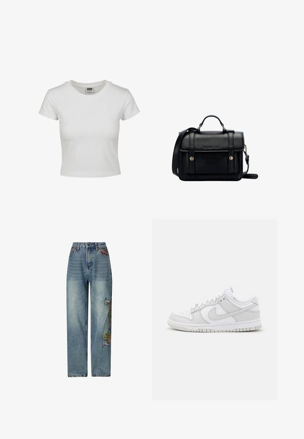 Bílý bavlněný tričko s klasickým kulatým výstřihem, krátkými rukávy a přiléhavým střihem. Žádné vzory ani akcenty nejsou viditelné.; Světle modré džínové kalhoty se rovnou nohavicí, zdobené barevnými vyšívanými detaily na levé straně a tradičním pětiokýnkovým stylem.; Bílé kožené tenisky s šedými detaily, perforovaná špička, ploché tkaničky, polstrovaný límec a texturovaná gumová podrážka.; Černá kožená kabelka přes rameno se strukturovaným designem, vrchní rukojetí, nastavitelným popruhem, přední klopou a kovovými akcenty. Na přední straně obsahuje logo.