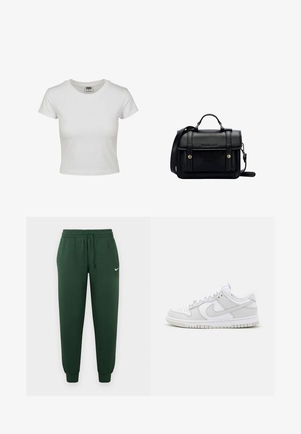 Witte katoenen t-shirt met een klassieke ronde hals, korte mouwen en een getailleerde vorm. Geen patronen of accenten zichtbaar.; Groene joggingbroek met een elastische tailleband, trekkoord en geribde enkels. Heeft een klein wit logo op het bovenste linkerbeen.; Witte leren sneakers met grijze accenten, geperforeerde teen, platte veters, gevoerde kraag en een gemanipuleerde rubberen zool.; Zwarte leren schoudertas met een gestructureerd ontwerp, handvat bovenaan, verstelbare schouderband, voorklep en metalen accenten. Voorzien van branding aan de voorkant.