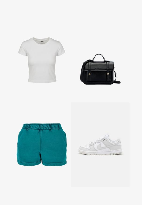 Vit bomullströja med klassisk rund hals, korta ärmar och en åtsittande passform. Inga mönster eller detaljer synliga.; Teal bomullsshorts med ett elastiskt midjeband, sidfickor och sömmade kantdetaljer. Slät textur och avslappnad design.; Vita läder sneakers med grå accenter, perforerad tå, platta snören, vadderad krage och en texturerad gummisula.; Svart läder tvärs över kroppen väska med en strukturerad design, handtag i toppen, justerbar rem, framflik och metallaccenter. Har varumärke på framsidan.