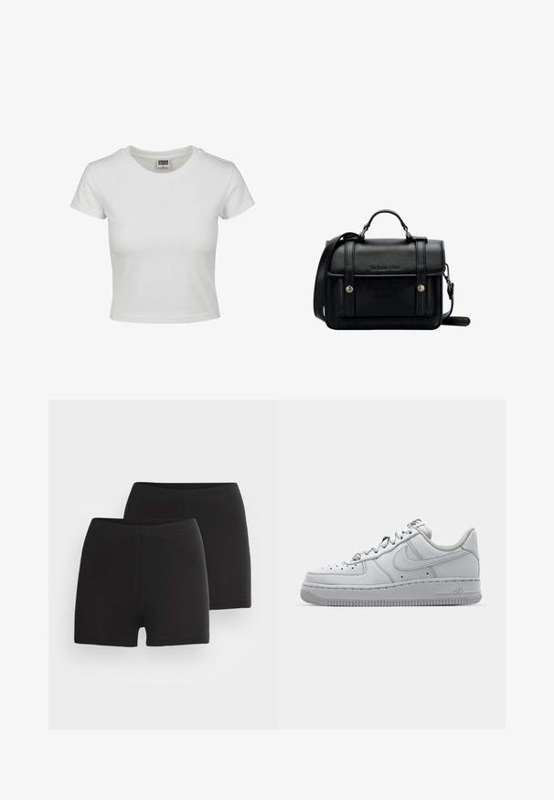 Bílý bavlněný tričko s klasickým kulatým výstřihem, krátkými rukávy a přiléhavým střihem. Žádné vzory ani akcenty nejsou viditelné.; Černé bavlněné kraťasy s hladkou texturou, vybavené širokým elastickým pasem a přiléhavým střihem. Na obrázku jsou zobrazeny dva kusy.; Bílé kožené tenisky s nízkým designem, kulatou špičkou, perforovanými detaily a texturovanou gumovou podrážkou. Obsahují šedé akcenty na jazyku.; Černá kožená kabelka přes rameno se strukturovaným designem, vrchní rukojetí, nastavitelným popruhem, přední klopou a kovovými akcenty. Na přední straně obsahuje logo.