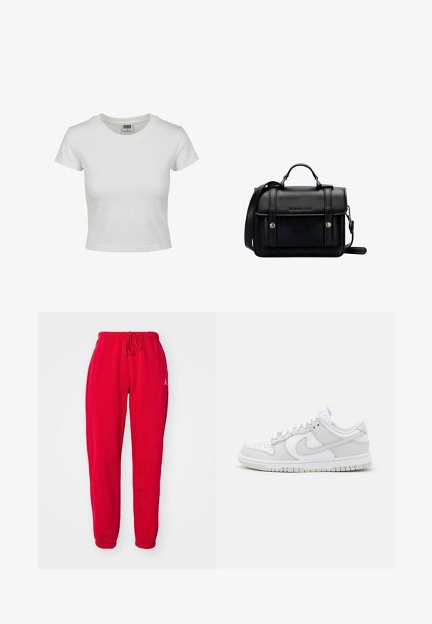Witte katoenen t-shirt met een klassieke ronde hals, korte mouwen en een getailleerde vorm. Geen patronen of accenten zichtbaar.; Rode joggingbroek met een elastische tailleband en een trekkoord. Heeft gebroken uiteinden en een klein logo-accent op het bovenste linkerbeen. Zachte textuur.; Witte leren sneakers met grijze accenten, geperforeerde teen, platte veters, gevoerde kraag en een gemanipuleerde rubberen zool.; Zwarte leren schoudertas met een gestructureerd ontwerp, handvat bovenaan, verstelbare schouderband, voorklep en metalen accenten. Voorzien van branding aan de voorkant.