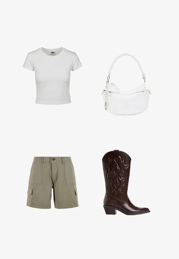 Weißes Baumwoll-T-Shirt mit klassischem Rundhalsausschnitt, kurzen Ärmeln und slim-fit Schnitt. Keine Muster oder Akzente sichtbar.; Khaki Cargo-Shorts aus leichtem Baumwollstoff mit zwei Seitentaschen, einem frontalen Knopfverschluss und geradem Schnitt.; Dunkelbraune Leder-Cowboystiefel mit dekorativer Schnittnaht, spitzer Zehenform, mittelhohem gestapeltem Absatz und Zugschlaufe an der Oberseite.; Weißes Kunstleder-Handtäschchen mit kurvenförmigem Design, strukturiertem Henkel, silberner Hardware und einer mit Reißverschluss versehenen Tasche. Mit eingeprägtem Logo.