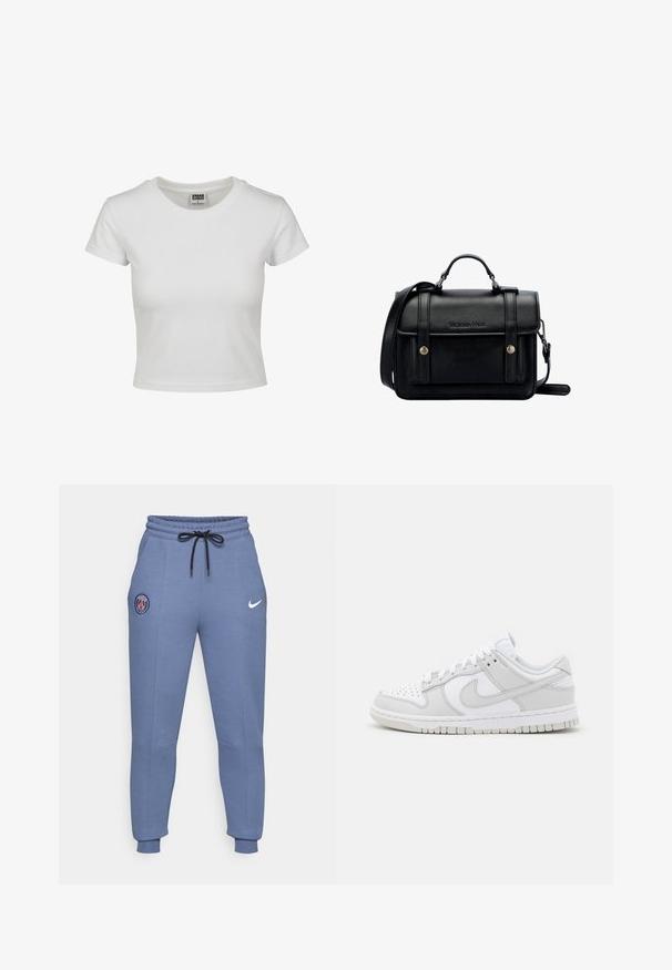 White cotton t-shirt with a classic crew neck, short sleeves, and a fitted shape. No patterns or accents visible.; Blue cotton blend joggers with elastic waistband, black drawstring, side pockets, ribbed cuffs, featuring a Paris logo and Nike swoosh.; White leather sneakers with grey accents, perforated toe, flat laces, cushioned collar, and a textured rubber sole.; Black leather crossbody bag with a structured design, top handle, adjustable strap, front flap, and metal accents. Features branding on the front.