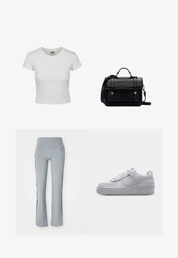 Bílý bavlněný tričko s klasickým kulatým výstřihem, krátkými rukávy a přiléhavým střihem. Žádné vzory ani akcenty nejsou viditelné.; Šedé sportovní kalhoty s širokým pasem, se červeným logem Nike a černými bočními pruhy. Vyrobeny z měkkého, elastického materiálu.; Šedá teniska Nike Air Force 1 s perforovanou špičkou, hladkým koženým svrškem, silnou podrážkou aembosovaným detailem 'AIR' na patě.; Černá kožená kabelka přes rameno se strukturovaným designem, vrchní rukojetí, nastavitelným popruhem, přední klopou a kovovými akcenty. Na přední straně obsahuje logo.