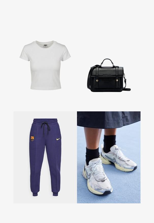 Bílý bavlněný tričko s klasickým kulatým výstřihem, krátkými rukávy a přiléhavým střihem. Žádné vzory ani akcenty nejsou viditelné.; Nike tepláky v tmavě fialové barvě s elastickým pasem na šňůrku, bočními kapsami a žlutým logem. Obsahují vyšitý znak FC Barcelona.; Bílé a stříbrné tenisky Nike z prodyšné tkaniny s reflexními akcenty a béžovou podrážkou. Nosené s černými ponožkami, stojící na modrém povrchu.; Černá kožená kabelka přes rameno se strukturovaným designem, vrchní rukojetí, nastavitelným popruhem, přední klopou a kovovými akcenty. Na přední straně obsahuje logo.
