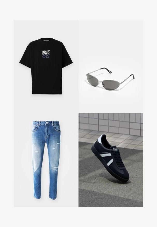 Crna majica s kratkim rukavima napravljena od pamuka s opuštenim krojem. Ima grafički otisak u bijeloj i plavoj boji, koji prikazuje tekst "REPLAY MARTIN GATRIX" i simbole.; Plave traperice s gradijentom od svijetle do tamne boje, s oštećenjima uključujući cijepanja, pet džepova i zatvaranjem na gumbe na struku.; Crne kožne tenisice s bijelim prugama, strukturirana gumena potplate i vezanjem sprijeda. Ima oznaku brenda na jeziku.; Naočale s modernim srebrnim metalnim okvirom, sivo zaštićenim lećama i aerodinamičnim dizajnom sa oštrim ivicama i tankim nogicama.