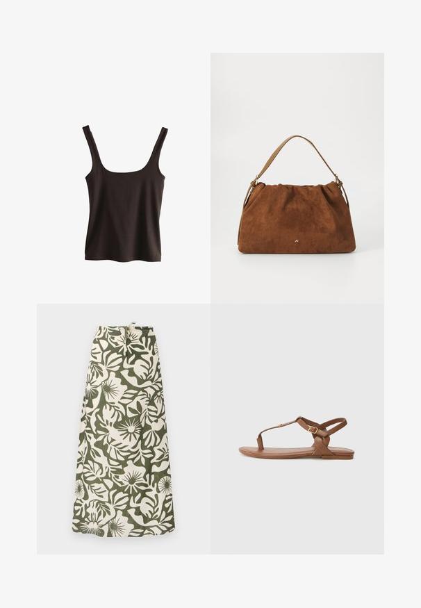 Juodas topas be rankovių su plačiomis petnešomis, kvadratiniu iškirpimu ir lygiu, prigludusiu dizainu. Pagamintas iš minkštos, tamprios medžiagos.; Ilga sijonas, pagamintas iš audinio, su žalia ir grietinėlės spalvos gėlių raštu, su virvute liemenyje ir minkštu, tekstūruotu paviršiumi.; Rudos odinės šlepetės su T formos dirželiu, reguliuojama kulkšnies juosta su auksine sagtimi, plokščiu padu ir lygiu paviršiumi.; Ruda zomšos rankinė su susiraukšlėjimu, turinti vieną šviesiai rudos odos rankeną ir subtilų auksinį logotipo detalę priekyje.