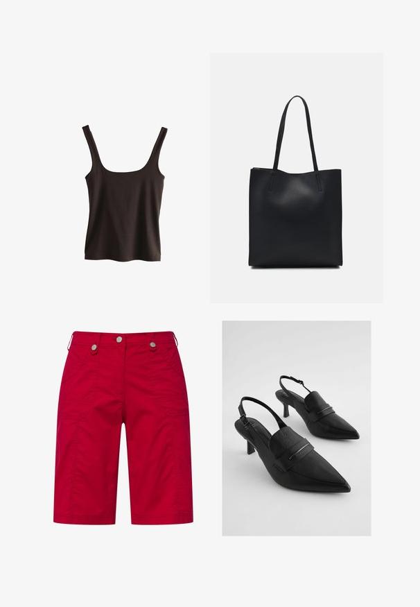 Sort tanktop med brede stropper, firkantet halsudskæring og en glat, tætsiddende pasform. Lavet af blødt, strækbart stof.; Røde cargo shorts lavet af bomuld med to sidelommer, dekorativ syning og sølvfarvede knaplukninger ved taljen.; Sorte læder slingback hæle med spidse tæer, med en bred forreste rem og sølvfarvet hardware accent. Teksturfinish, mellem højde.; Sort læder tote taske med glat tekstur, rektangulær form og to lange hanke. Ingen synlig hardware eller udsmykninger.