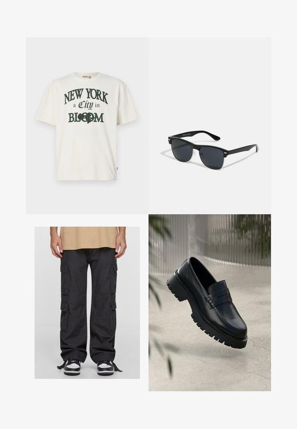 Kremno barvana bombažna majica s kratkimi rokavi, ki ima potiskan napis "NEW YORK mesto v CVETENJU" v temno zeleni barvi.; Črne cargo hlače iz bombaža, z več stranskimi žepi, ohlapnim krojem in nastavljivimi vezalkami pri gležnjih. Ujemajo se z črnimi in belimi teniskami.; Črne usnjene loaferje z debelim podplatom, ki imajo dekorativno zanko in detajl šivanja. Gladka tekstura z sijočo obdelavo.; Črne sončne naočare pravokotne oblike, temna leča, srebrni detajli na ušesih in mat površina na okvirju.