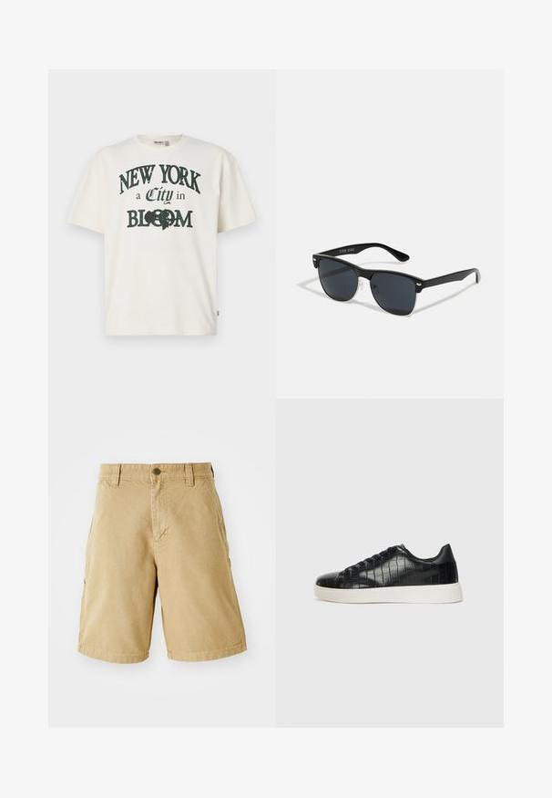 Majica od pamučne tkanine u boji krem, s kratkim rukavima, s tiskanim dizajnom koji kaže "NEW YORK, grad u CVATU" u tamnozelenoj boji.; Bežani pamukasti cargo kratke hlače s prednjim i bočnim džepovima, petljama za remen i metalnim dugmetom za zatvaranje. Ravnog kroja i dužine do koljena.; Crne tenisice s teksturiranom gornjom površinom od kože s uzorkom krokodila, zaobljenim vrhom i kontrastnom bijelom gumenom potplatom s glatkom završnom obradom.; Crne sunčane naočale pravokutnog oblika, tamne leće, srebrni detalji na sljepoočnicama i matirajuća završna obrada okvira.