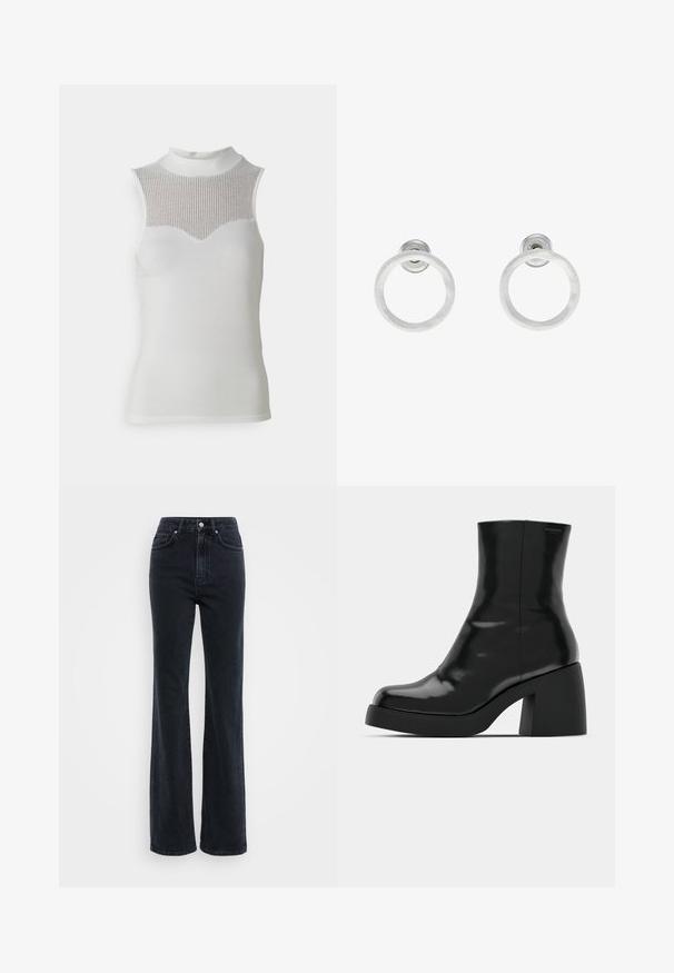 Balta be rankovių palaidinė su aukštu kaklu, turinti tekstūruotą sustorintą segmentą krūtinėje ir lygią kūno dalį, kuri sukuria prigludusią siluetą.; Aukštos juosmens juodi džinsai su tiesiu sijonu, matomomis siūlėmis, penkiomis kišenėmis ir metaliniu užsegimu juosmens srityje.; Juodi kulkšniniai batai su blizgiu paviršiumi, kvadratiniu pirštu ir storu blokiniu kulnu. Dizainas pasižymi be siūlių siluetu ir minimalia ženklinimo. ; Sidabriniai metaliniai auskarai žiedų pavidalu su šveitimo tekstūra, turintys apvalų dizainą ir skaidrų laikiklį saugiam dėvėjimui.