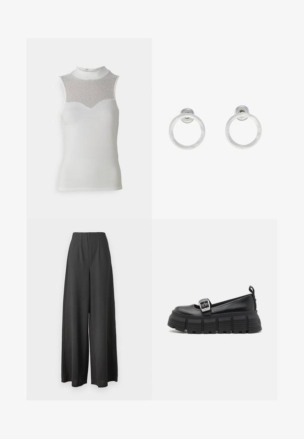 Balta be rankovių palaidinė su aukštu kaklu, turinti tekstūruotą sustorintą segmentą krūtinėje ir lygią kūno dalį, kuri sukuria prigludusią siluetą.; Juodos plačios kojinės kelnės, pagamintos iš lygaus audinio, su aukštu liemeniu ir raukšlėtu dizainu papildomai tekstūrai ir dimensijai.; Juodi platforminiai loafersai su apvalia nosimi, lygiu oda viršumi, reguliuojamu sagtimi ir tekstūruotu guminiu padu, turinčiu horizontalias briaunas.; Sidabriniai metaliniai auskarai žiedų pavidalu su šveitimo tekstūra, turintys apvalų dizainą ir skaidrų laikiklį saugiam dėvėjimui.