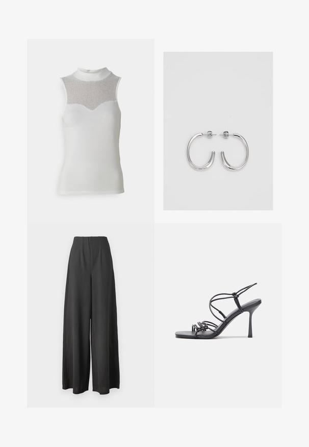 Biała bezrękawnik z wysokim dekoltem, z teksturowanym prążkowanym panelem na klatce piersiowej i gładkim korpusem, tworzący dopasowaną sylwetkę.; Czarne szerokie spodnie wykonane z gładkiego materiału, z wysokim stanem i plisowanym designem dla dodatkowej tekstury i wymiaru.; Czarne sandały na wysokim obcasie mają cienkie paski z węzłowym wzorem, gładki, kwadratowy czubek i smukły obcas w stylu szpilki.; Srebrne kolczyki koła o gładkiej, błyszczącej powierzchni, z zakrzywionym kształtem i zapięciem na sztyft. Minimalistyczny design z nowoczesnym wykończeniem.