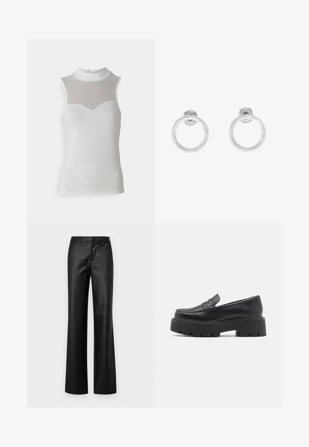 White sleeveless top with high neck, featuring a textured ribbed panel at the chest and smooth body, creating a fitted silhouette.; Black leather flared pants with a smooth texture, featuring a front zipper, belt loops, and an unfinished hem.; Black leather loafers with a low, chunky rubber sole, stitched detailing on the upper, and a smooth texture.; Silver metal hoop earrings with a brushed texture, featuring a circular design and a clear post back for secure wear.