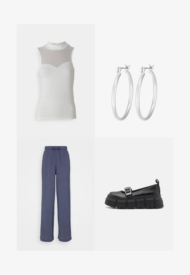 White sleeveless top with high neck, featuring a textured ribbed panel at the chest and smooth body, creating a fitted silhouette.; Navy wide-leg trousers made of textured fabric, featuring an elastic waistband with a drawstring and a relaxed fit throughout the legs.; Black platform loafers with a rounded toe, smooth leather upper, adjustable buckle, and textured rubber sole featuring horizontal ridges.; Silver hoop earrings with a smooth, polished finish. Round shape and secure click-top closure. Lightweight design suitable for everyday wear.