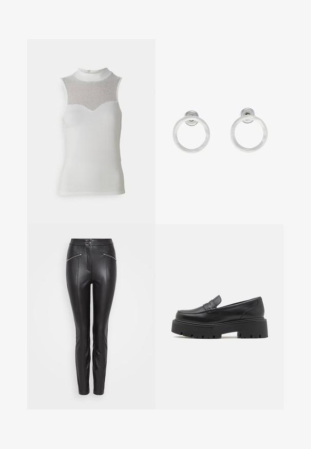 Balts bez piedurknēm tops ar augstu kakla izgriezumu, ar teksturētu ribotu paneli krūšu daļā un gludu korpusu, radot piegādes siluetu.; Melni ādas bikses ar šauru piegriezumu, ar vertikālām šuvēm, ar rāvējslēdzēja kabatu katra sāna pusē un pogu aizdari jostasvietā.; Melnas ādas loafer kurpes ar zemu, masīvu gumijas zoli, uz augšas izšūtām detaļām un gludu tekstūru.; Sudraba metāla gredzenveida auskari ar matētu faktūru, ar apaļu dizainu un caurspīdīgu aizdari, lai nodrošinātu drošu valkāšanu.