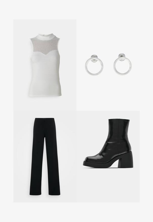 Valge ilma varrukateta pluus kõrge kaelusega, millel on tekstureeritud soonikkoht rinnaosas ja sile kehaosa, luues keha järgiv silueti.; Vero Moda Tall VMBERLIN ZAMIRA WIDE - Püksid - black; Mustad mustad, läikiva viimistlusega, ruudukujulise varbaga ja paksu plokktallaga. Kujundus sisaldab sujuvat siluetti ja minimaalset brändimist.; Hõbedased metallist rõngastooted, millel on harjatud tekstuur, ümmargune disain ja selge tagumine post, tagamaks kindlat kandmist.