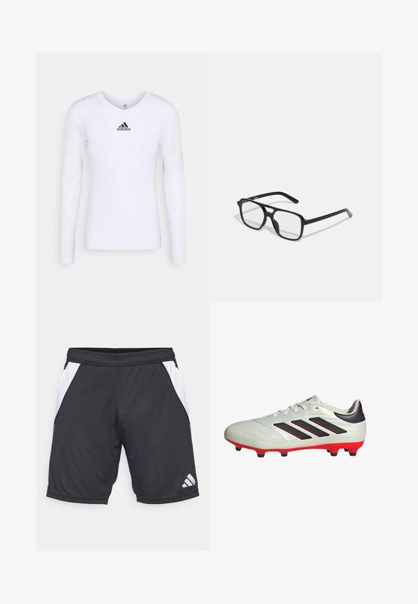 Camiseta deportiva de manga larga blanca, fabricada con material suave, que presenta un logo negro de Adidas en el pecho; diseño de cuello en V y forma ajustada.; Pantalones cortos deportivos negros hechos de tela ligera, con paneles laterales blancos y un logotipo de Adidas en la parte inferior derecha. Incluye una cinturilla elástica.; Botas de fútbol blancas con acentos negros y suela roja. Presentan tres rayas negras en el lateral y una parte superior de textura suave.; Gafas rectangulares negras con lentes transparentes y un sutil tono púrpura, con brazos elegantes y un diseño minimalista.