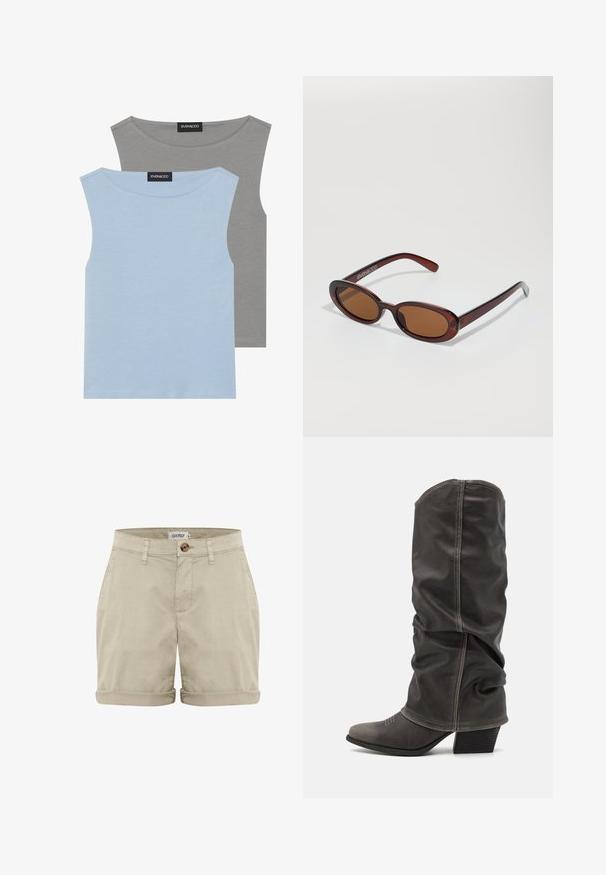 Dve bezrukávové blúzky vo svetlomodrej a šedej farbe. Vyrobené z jemného materiálu s okrúhlym výstrihom a rovnými lemami. Na oboch blúzkach je viditeľná etiketa.; Béžové bavlnené šortky s obrúbeným lemom, so zapínaním na prednej strane a šitými vreckami. Hladká textura s minimálnymi detailmi.; Sivé kožené čižmy po lýtka s voľným dizajnom, špicatou špičkou a poskladaným podpätkom. Výrazné šitie v oblasti špičky.; Okrúhle slnečné okuliare s hnedým nádychom a lesklým burgundským rámom. Úzke ramená s jemným brandovaním. Plochej šošovky dizajn.