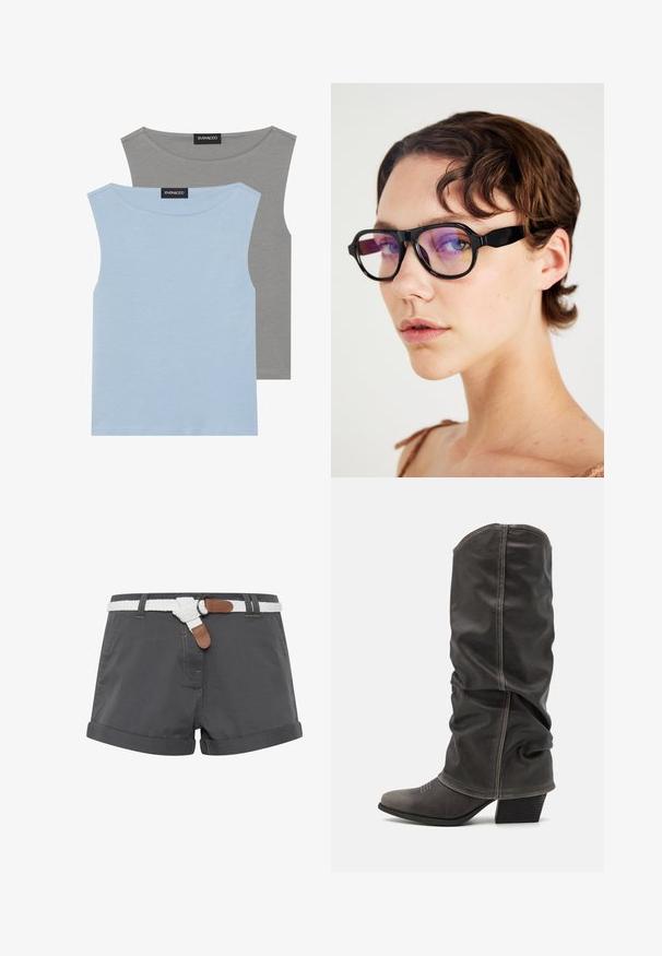 Dve bezrukávové blúzky vo svetlomodrej a šedej farbe. Vyrobené z jemného materiálu s okrúhlym výstrihom a rovnými lemami. Na oboch blúzkach je viditeľná etiketa.; Sivé bavlnené šortky s prevrátenými okrajmi, s bielym splietaným opaskom a hnedými koženými akcentmi. Na látke sú viditeľné detaily šitia.; Sivé kožené čižmy po lýtka s voľným dizajnom, špicatou špičkou a poskladaným podpätkom. Výrazné šitie v oblasti špičky.; Čierne obdĺžnikové okuliare s purpurovými sklíčkami, majúce hrubý rám a ploché strany, zdôrazňujúce moderný dizajn.; Šedá kordurová taška s dvoma krátkymi uchami, predným vreckom a výrazným čiernym písmenom "K". Obsahuje zapínanie na gombík a textúrovaný materiál.