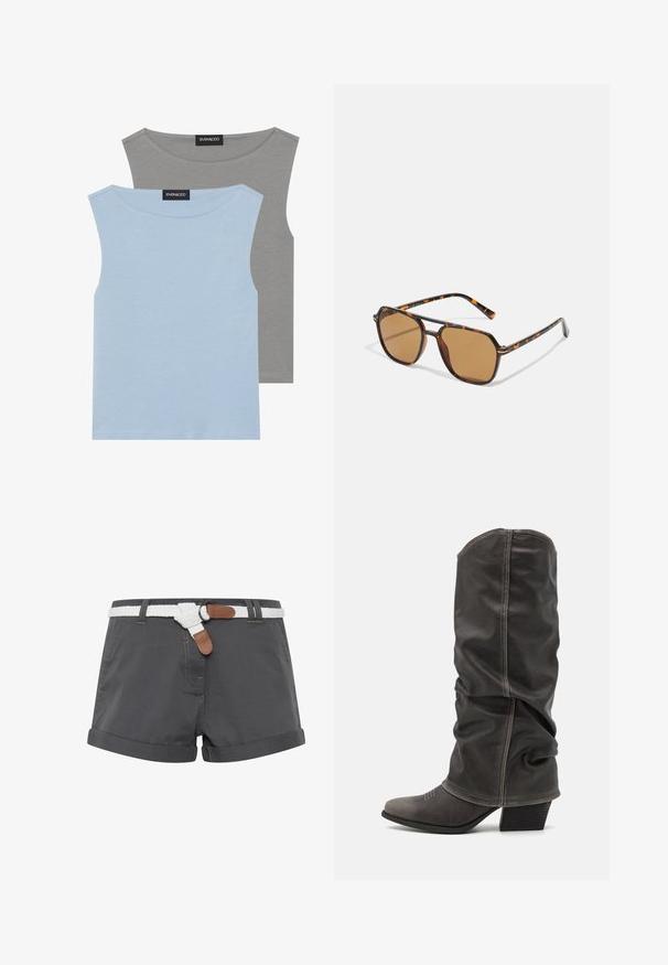 Dvě bezrukávové topy v světle modré a šedé barvě. Vyrobené z měkké látky s kulatým výstřihem a rovním lemem. Štítek viditelný na obou topech.; Šedé bavlněné šortky s ohrnutými lemy, s bílým splétaným opaskem a hnědými koženými detaily. Viditelné šití na látce.; Šedé kožené vysoké boty po lýtka s volným designem, špičatou špičkou a vyvýšeným podpatkem. Výrazné prošívání v oblasti špičky.; Sluneční brýle s hnědým nádechem, želvovinovým rámem, obdélníkovými skly a štíhlými stranami s oranžovým akcentovým vzorem.