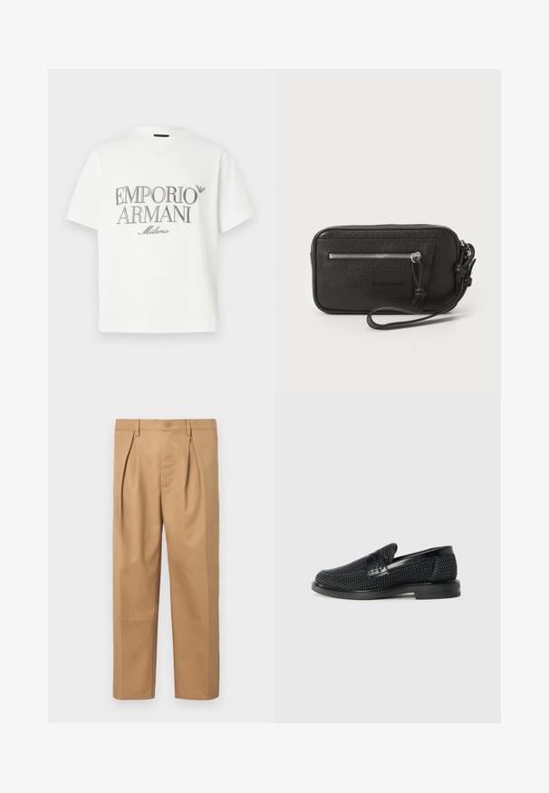 White cotton t-shirt featuring a large grey "Emporio Armani Milano" logo on the front and a small logo on the upper left side.; Tan cotton trousers featuring a relaxed fit, pleated design, waistband with button closure, and straight leg cut. Smooth texture with no patterns.; Black woven slip-on shoe with a smooth leather accent on the upper, a round toe design, and a low-profile rubber sole.; Black leather clutch with textured surface, front zip pocket, and detachable wrist strap. Features a logo patch on the front. Rectangular shape.