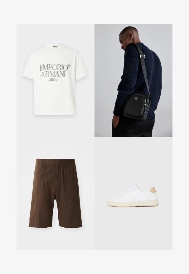 Hvid bomulds t-shirt med en stor grå "Emporio Armani Milano"-logo på forsiden og en lille logo øverst til venstre.; Brune linned shorts med afslappet pasform, elastisk talje og lige ben. Glat tekstur med et simpelt, rent design.; Hvide lavt-op sneakers med en tekstureret læderoverdel, cremefarvet ribbet sål og en tan hælaccent. Har hvide snørebånd og logo-detalje på hælen.; Sort læder crossbody taske med en lynlåslomme, logodetalje og en justerbar rem med brandnavn. Båret over en tekstureret marineblå sweater.