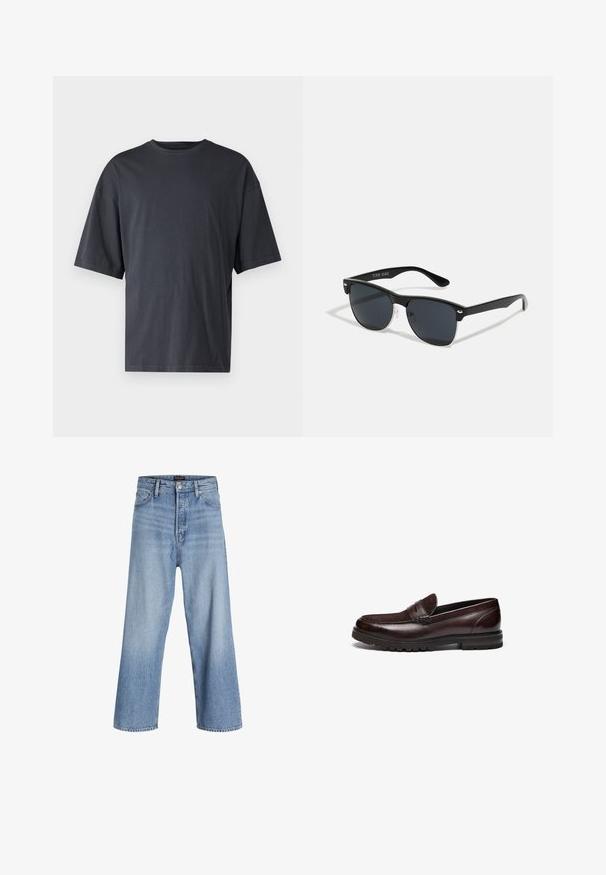 Dark gray short-sleeve t-shirt made of lightweight cotton, featuring a loose fit and classic crew neckline, with plain texture and no patterns.; Light blue denim wide-leg jeans with a high waist, featuring a button fly, five-pocket design, and subtle fading. Clean hem finishes.; Brown leather loafers with a suede accent, round toe, and textured rubber sole. Features stitched detailing and a slight heel.; Black sunglasses with a rectangular shape, dark lenses, silver accents at the temples, and a matte finish on the frame.